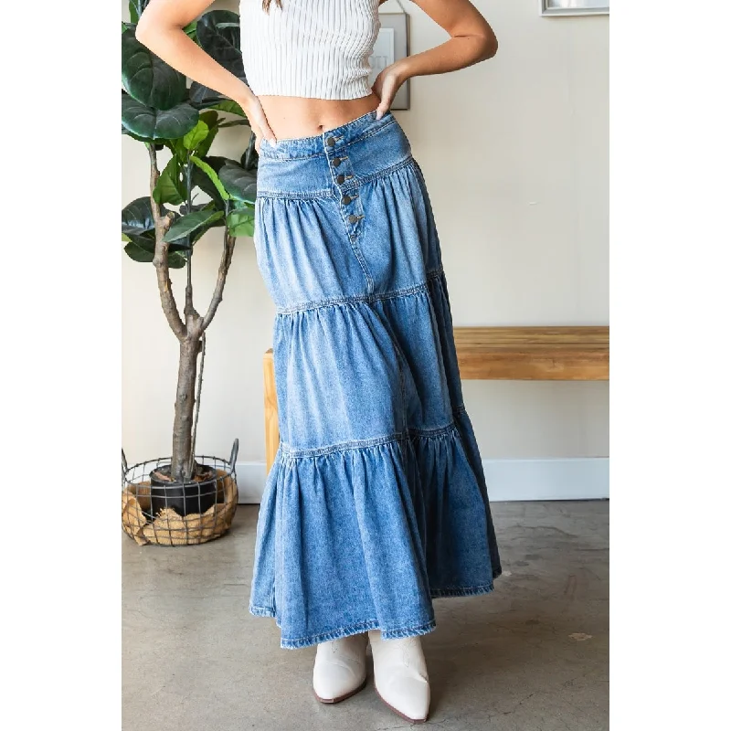 High Waist Denim Skirts for Women -Front Button 3 Tiered Denim Skirt