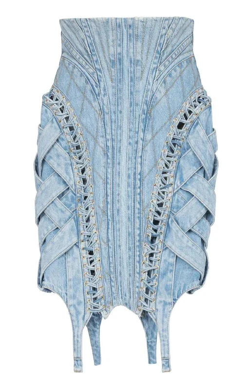 Stiff Denim Skirts for Structured -High-waist Lace-up Denim Skirt