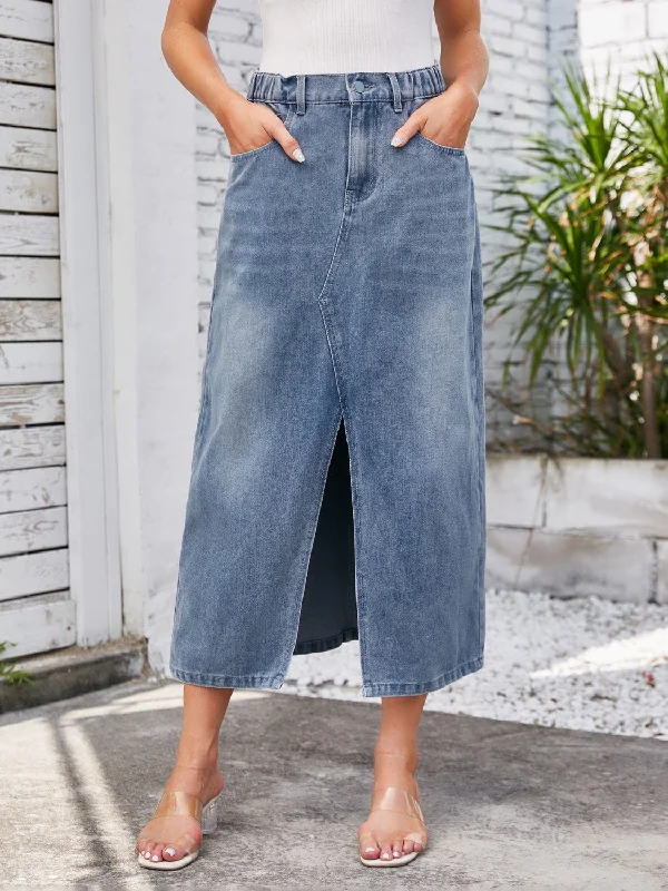 Denim Skirts for Brunch Dates -Slit Midi Denim Skirt with Pockets