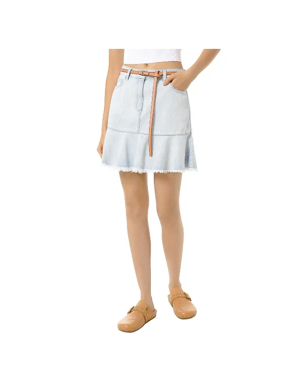 Denim Skirts with Rhinestones for Glam -Womens Flounce Frayed Hem Denim Skirt