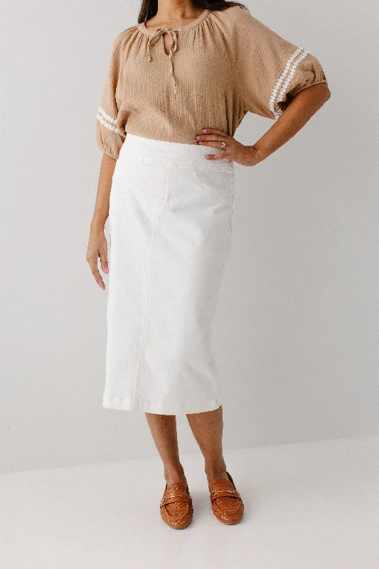 Denim Skirts with Beads for Decoration -'Sara' Stretch Denim Skirt in Ivory