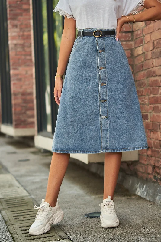 Denim Skirts for Beach Trips -Button Front A-Line Denim Skirt