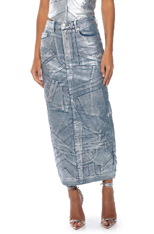 Denim Skirts with Belt Loops for Accessorize -GIGI METALLIC PATCHWORK DENIM SKIRT