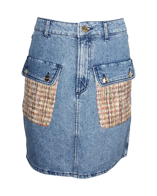 Denim Skirts for Business Lunches -Sandro Paris Fiorina Tweed-Paneled Denim Skirt in Blue Cotton