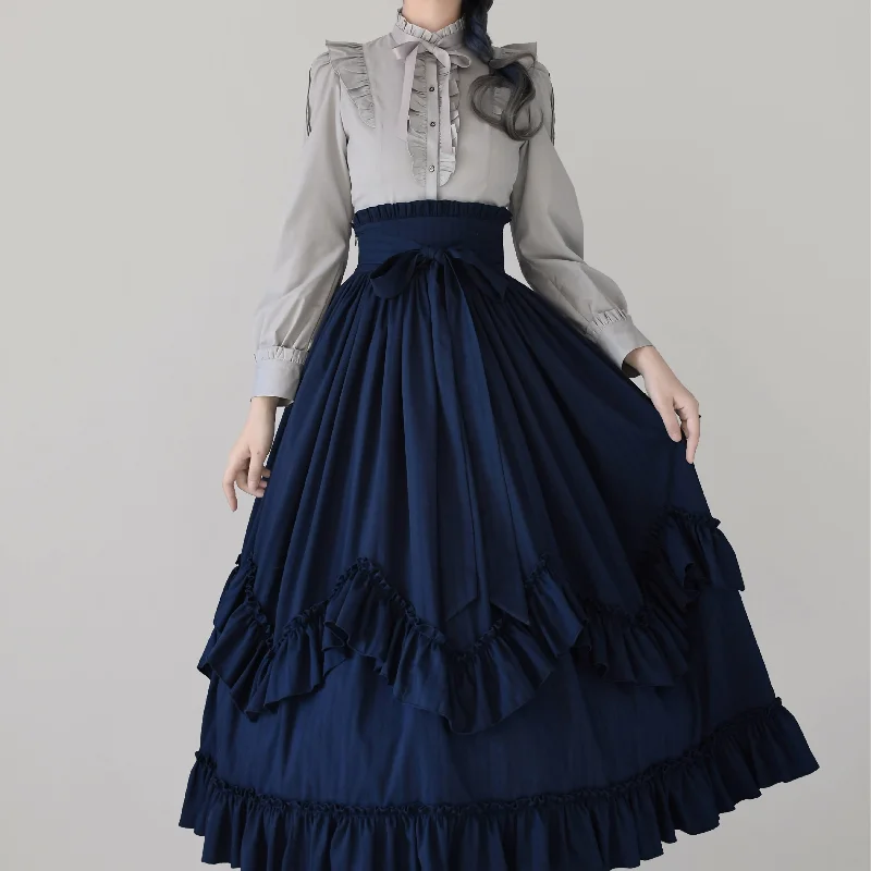 Durable cotton skirts for tough daily use -Morning Prayer High Waist Skirt in Navy - LONG