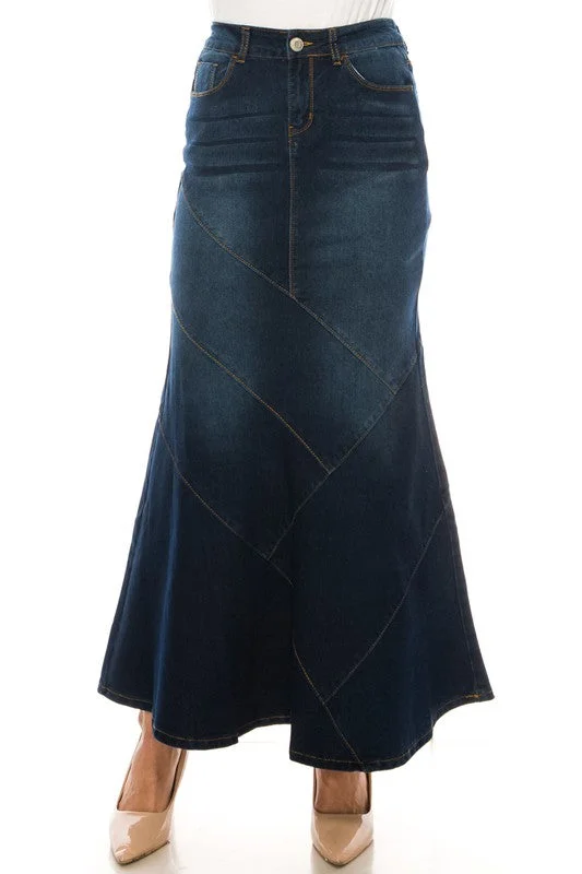 Khaki Denim Skirts for Earthy -Ghazala Dark Maxi Denim Skirt