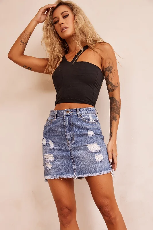 Denim Skirts with Elastic Waist for Comfort -No Sense Denim Skirt - Washed Blue