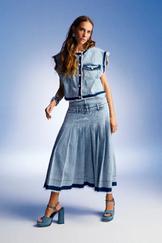 Mid Waist Denim Skirts for Comfort -Pleated Long Denim Skirt