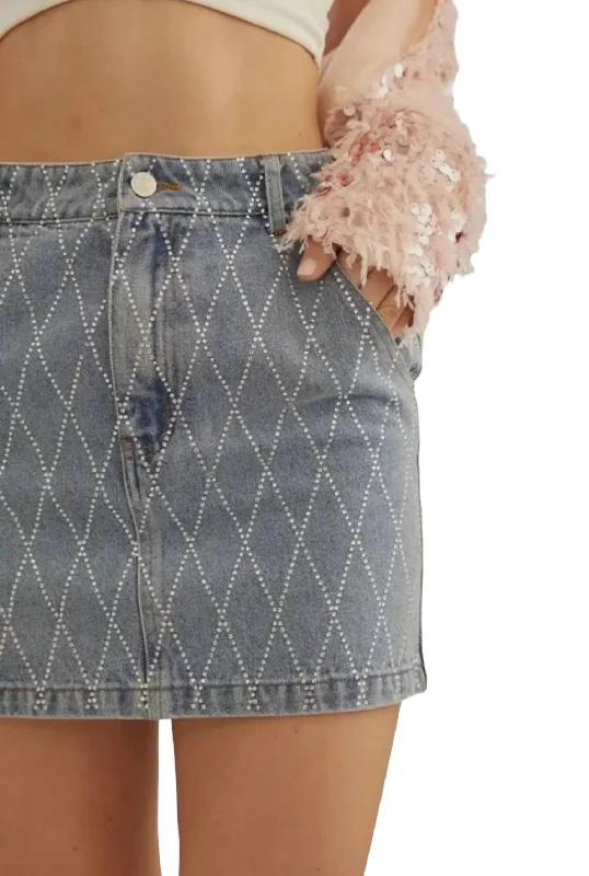 Embroidered Denim Skirts for Detail -Rhinestone Studded Denim Skirt In Blue