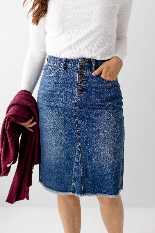 Denim Skirts for Brunch Dates -'Haven' Knee Length Denim Skirt in Medium Wash