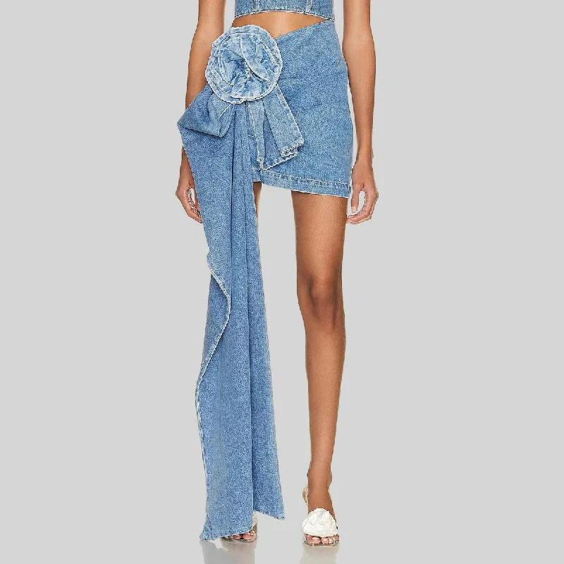 Denim Skirts for Party Nights -Flower Trim Ruched Denim Skirt