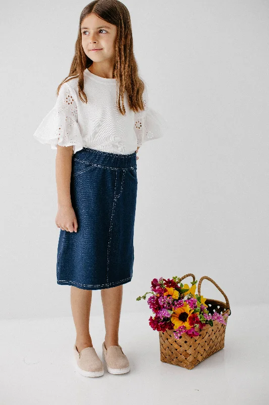 Ruffled Denim Skirts for Girly -'Piper' Girl Knit Denim Skirt in Navy