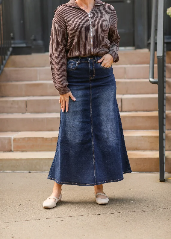 Gray Denim Skirts for Neutral -Bethany Dark Wash A-line Long Denim Skirt