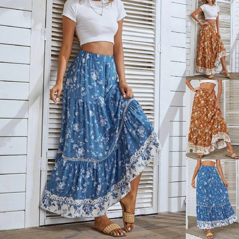 Designer skirts with premium fabric finish -Bohemian Vacation Skirt Ruffled Big Hem Skirt