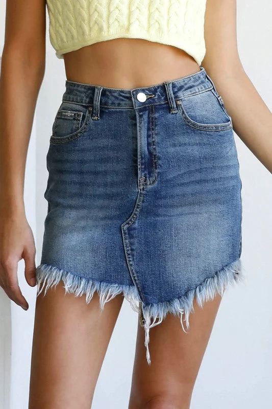 Denim Skirts with Sequins for Sparkle -High Waist Long Frayed Hem Mini Denim Skirt