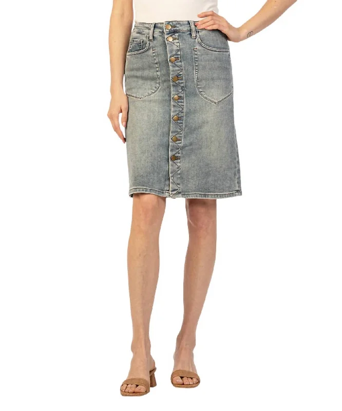 Pencil Denim Skirts for Office -Rose Button Front Denim Skirt In Helpful