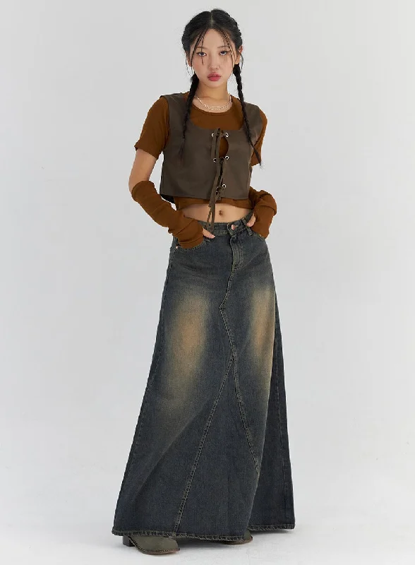 Non-Stretch Denim Skirts for Shape -Vintage Wash Maxi Denim Skirt CS321