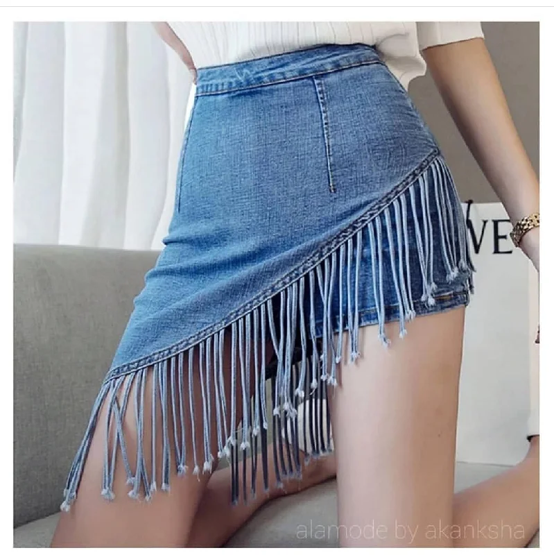 Denim Skirts with Zippers for Modern -Fringes Denim Skirt