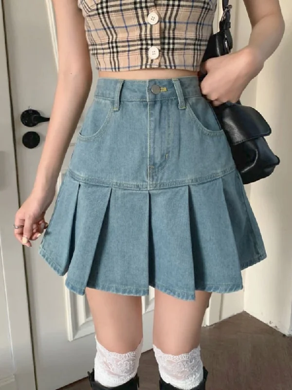 Pleated Denim Skirts for Cute -KittenAlarm - High Waist Pleated Mini Denim Skirt