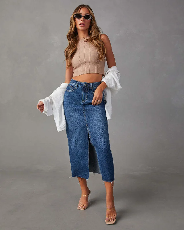 Denim Skirts for Everyday Wear -Slit Denim Skirt High-waisted Washed A-line Midi Skirt