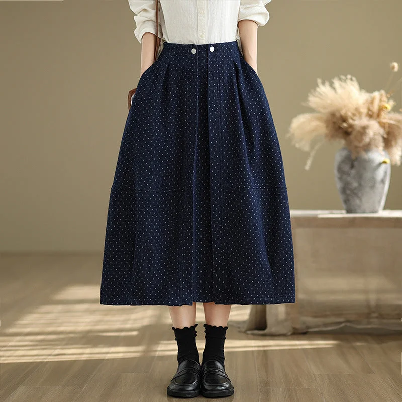 Embroidered Denim Skirts for Detail -Babakud Women Spring Vintage Knit Denim Skirt with Polka Dot Design