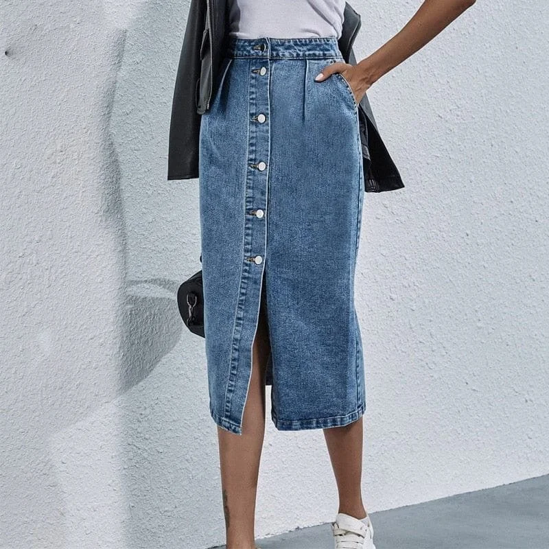 Mid Waist Denim Skirts for Comfort -Button Front High Waist Denim Skirt