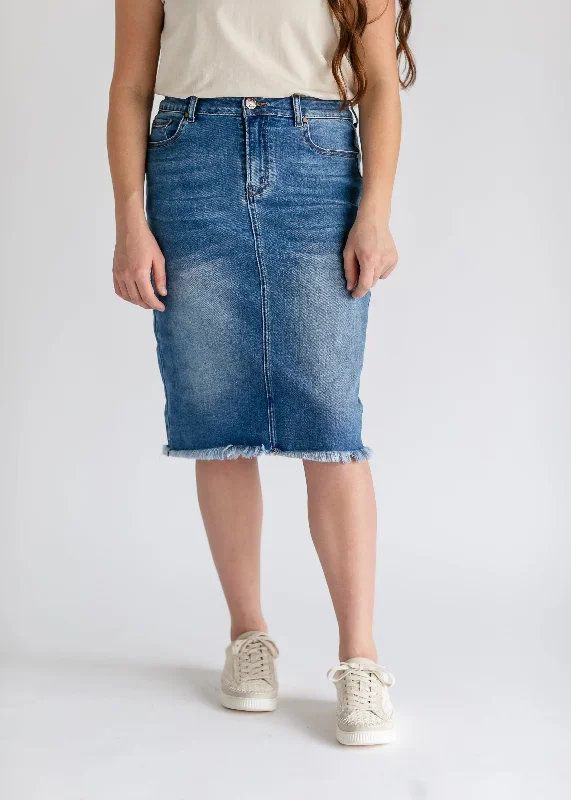 Stretch Denim Skirts for Comfort -Drew Raw Hem Midi Denim Skirt - FINAL SALE