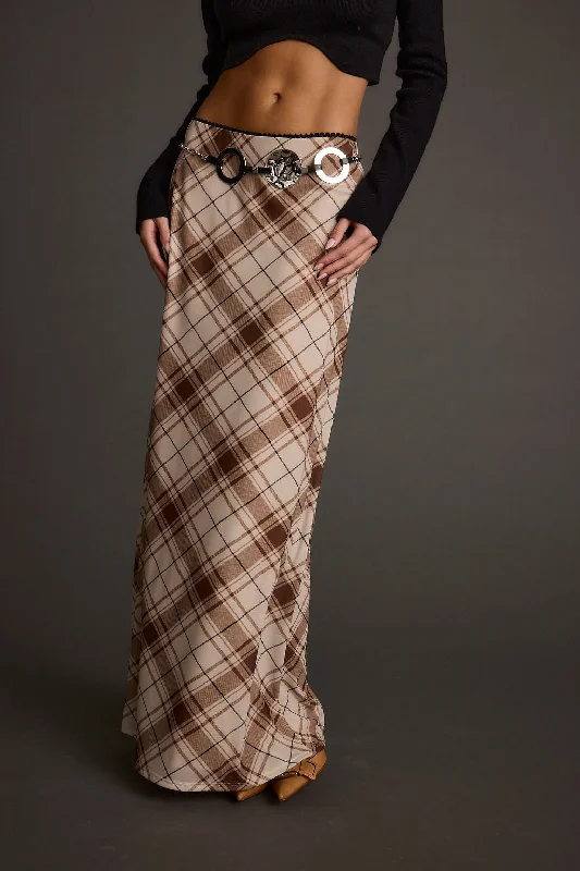 A-line skirts for classic wardrobe essentials -Julia Brown Plaid Mesh Maxi Skirt