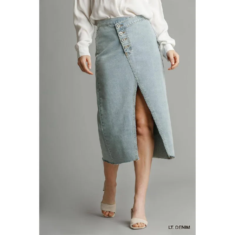 Denim Skirts for Office Wear -Asymmetrical Waist And Button Up Front Split Denim Skirt With Back Pockets And Unfinished Hem