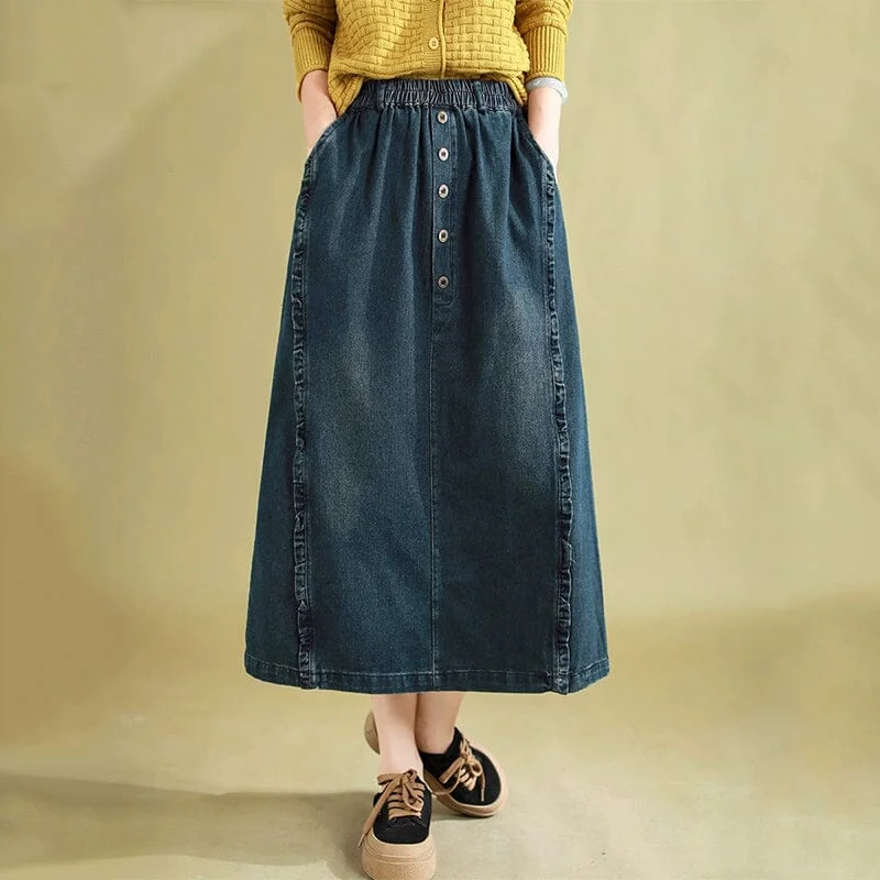 Bootcut Denim Skirts for Flare -Autumn Retro Patchwork A-Line Cotton Denim Skirt