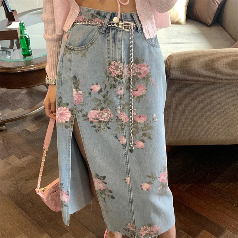 Maxi Denim Skirts for Fashion -KittenAlarm - Vintage Flowers Sexy Open Long Denim Skirts