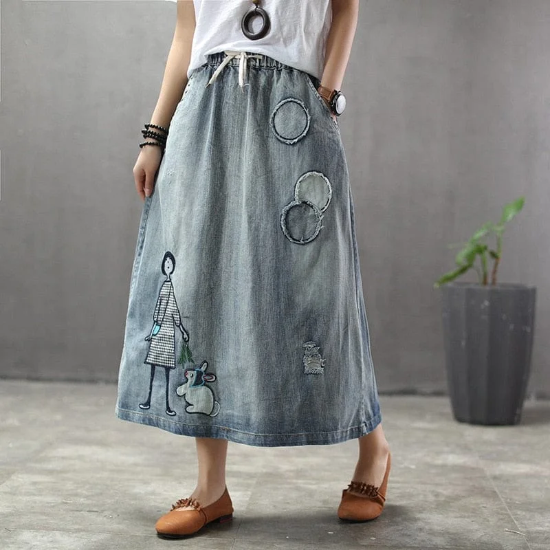 Denim Skirts for Business Lunches -Embroidered Patchwork Kawaii Denim Skirt