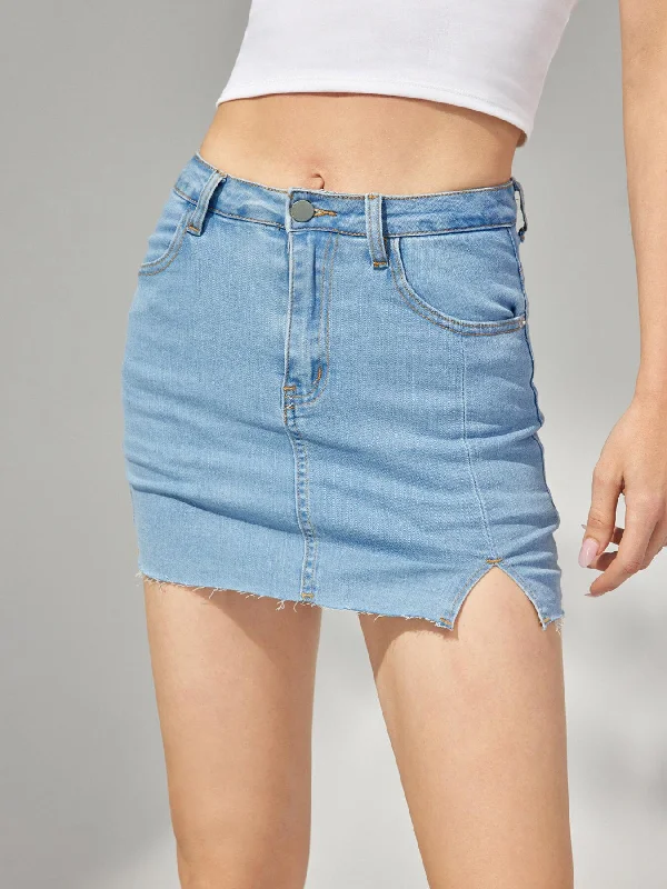 Denim Skirts for Yoga -Split Pocket High Waist Wrap Denim Skirt