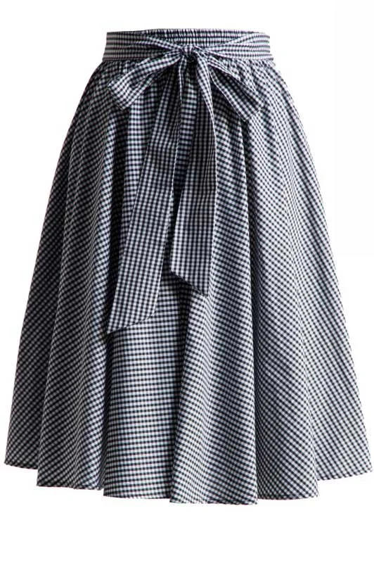 Soft linen skirts for gentle warm wear -Black Gingham Swing Skirt with Stretch Waist