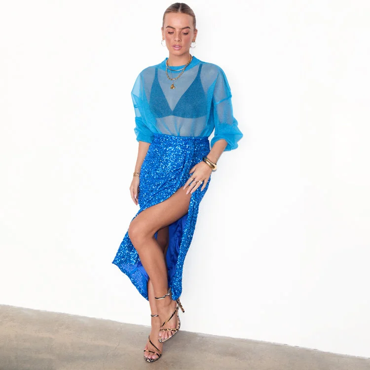 Classic skirts with subtle texture weave -Blue Sequin Jaspre Wrap Skirt