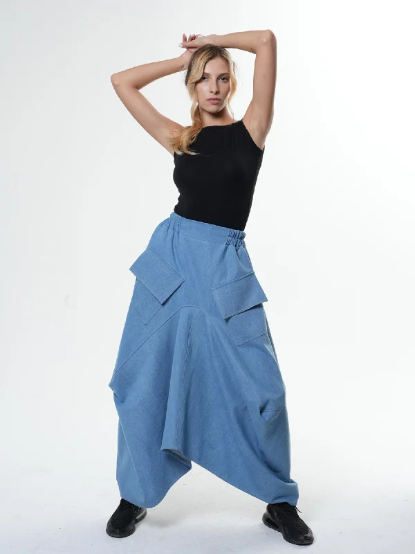 Denim Skirts with Rhinestones for Glam -Asymmetrical Long Light Denim Skirt