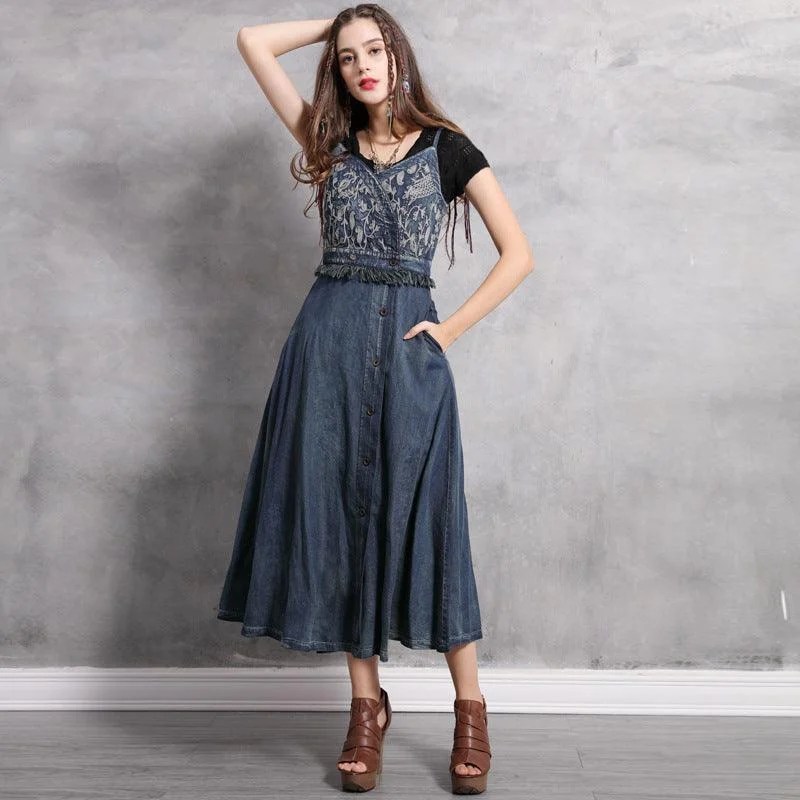 Light Wash Denim Skirts for Fresh -Mid-length embroidered denim skirt