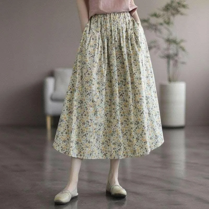 Designer mini skirts for high-end appeal -Artistic Floral Washed Cotton Sweet Neighbor's Beautiful Printed Skirt