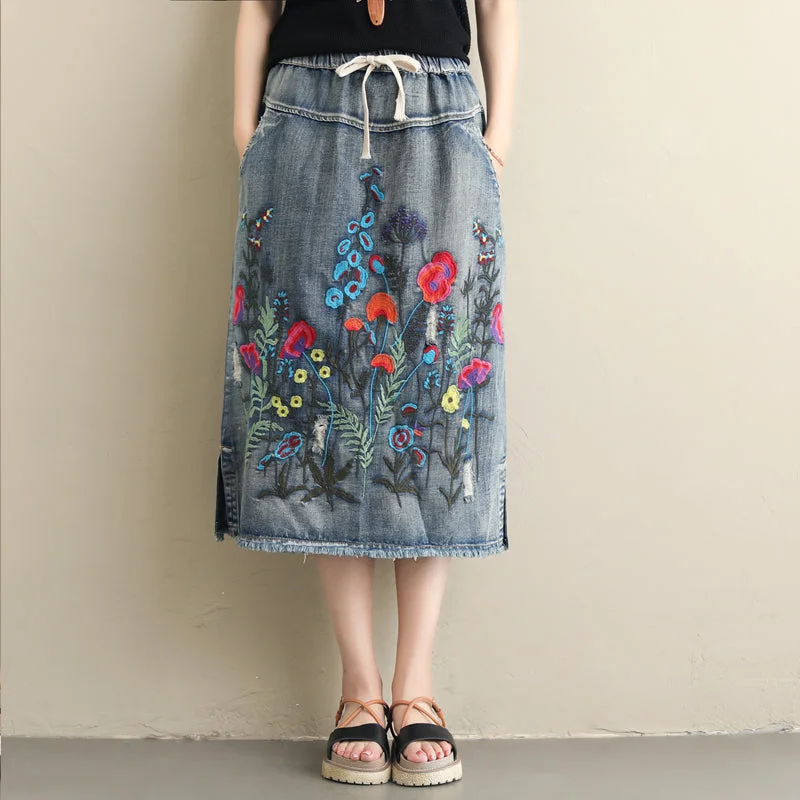 Denim Skirts with Fringe for Boho -Babakud Women Autumn Winter Vintage Embroidery Denim Skirt