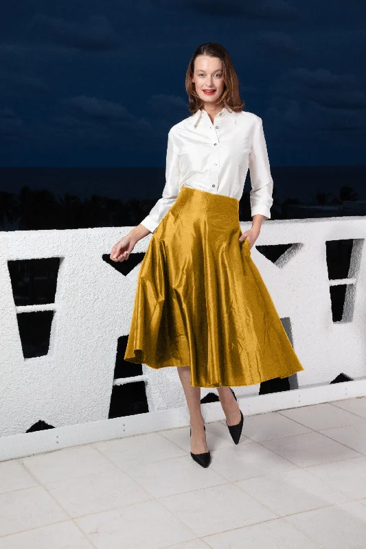 Bold skirts with metallic shimmer finish -Mid-Calf Silk Skirt Gold Silk