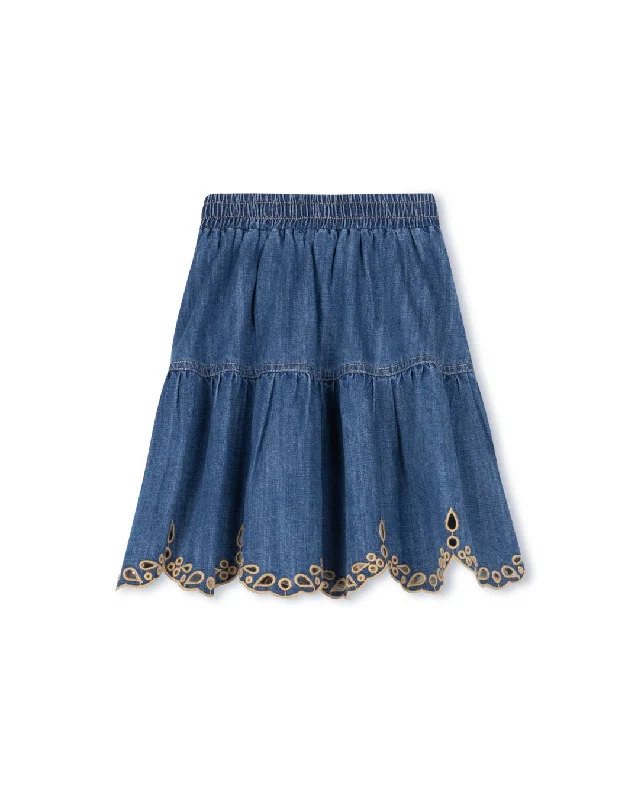 Pleated Denim Skirts for Cute -Embroidered Eyelet Denim Skirt