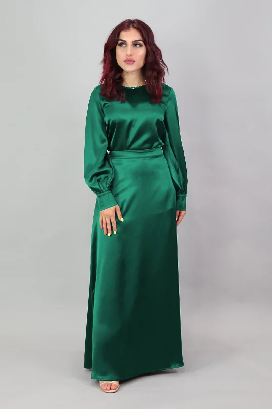 High-waisted skirts with button front detail -Lameera Satin Skirt - Emerald