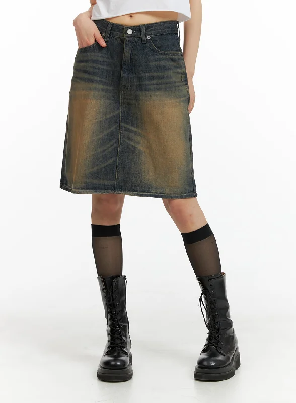 Denim Skirts with Elastic Waist for Comfort -Vintage Washed Midi Denim Skirt CM413