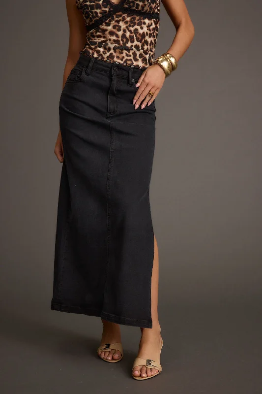 Stretchy mini skirts for flexible movement -Wilder Black Stretch Denim Maxi Skirt