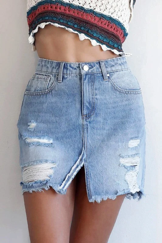 Denim Skirts with Lace for Feminine -Split Middle Ripped Raw Hem Denim Skirt