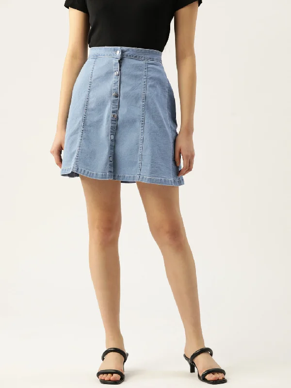 Ruffled Denim Skirts for Girly -Women Blue Solid A-Line Denim Skirt