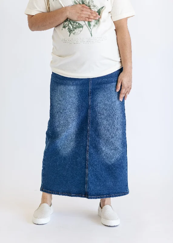 Denim Skirts with Drawstring for Adjustable -Reece Maternity Long Denim Skirt - FINAL SALE