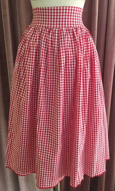 Ruffled midi skirts for delicate feminine touch -Red Gingham Swing Skirt with Pockets