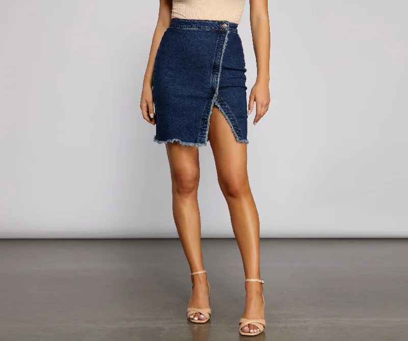 Double Layer Denim Skirts for Stylish -Wrapped In Styled Frayed Denim Skirt