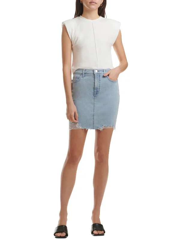 Tall Denim Skirts for Long Legs -Womens Mini Frayed Hem Denim Skirt